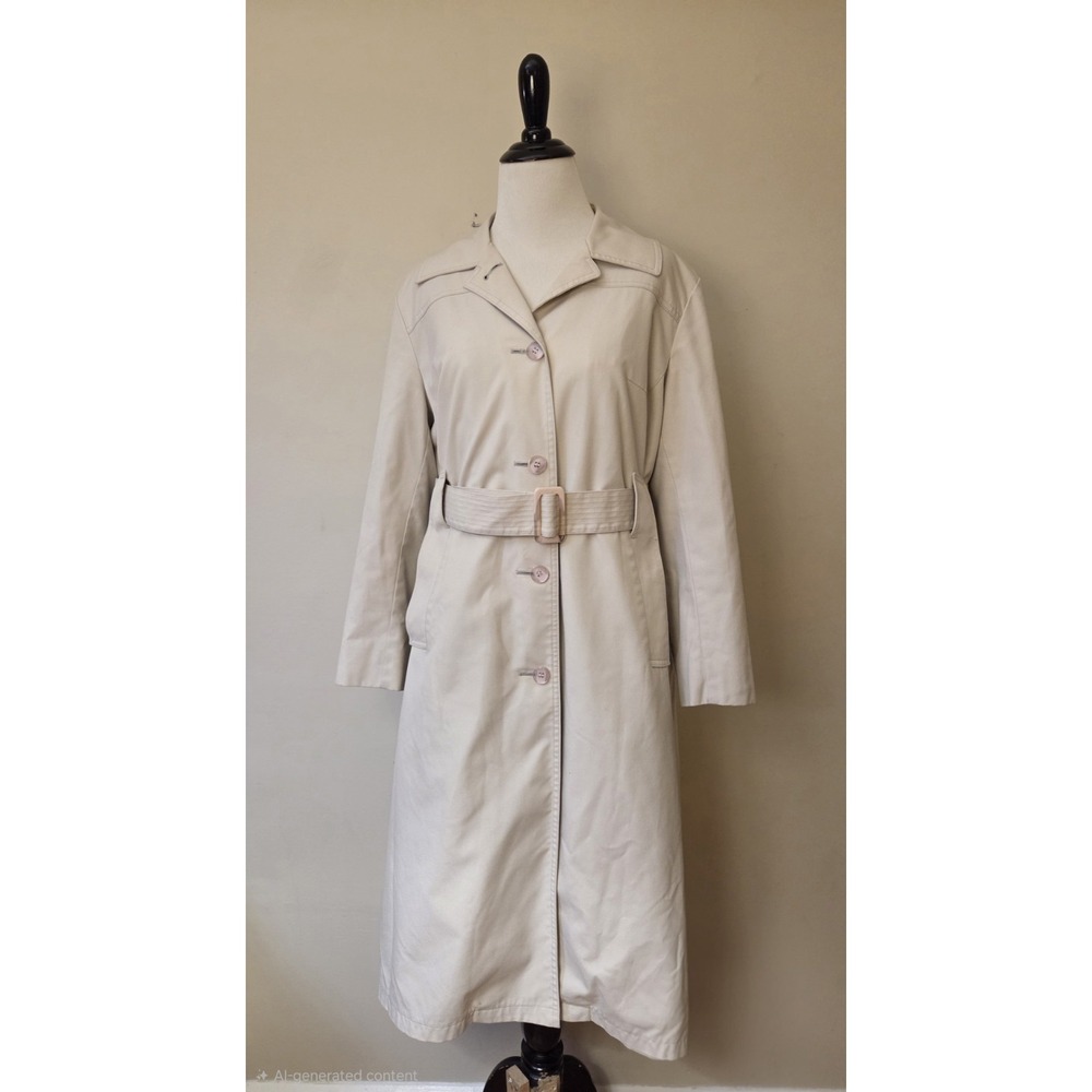 Vintage 70s- 80s LONDON FOG Womens 12P Long Belted Trench Coat Liner Cream Ivory